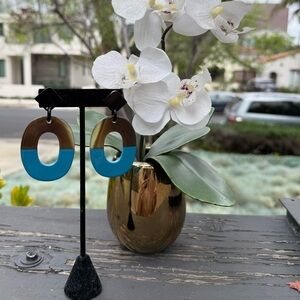 Blue and brown buffalo horn lacquer earrings